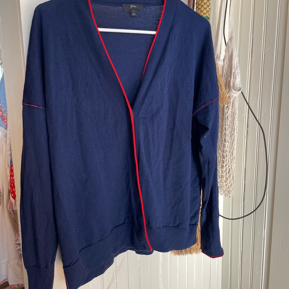 J. Crew navy cardigan with red trim in merino wool